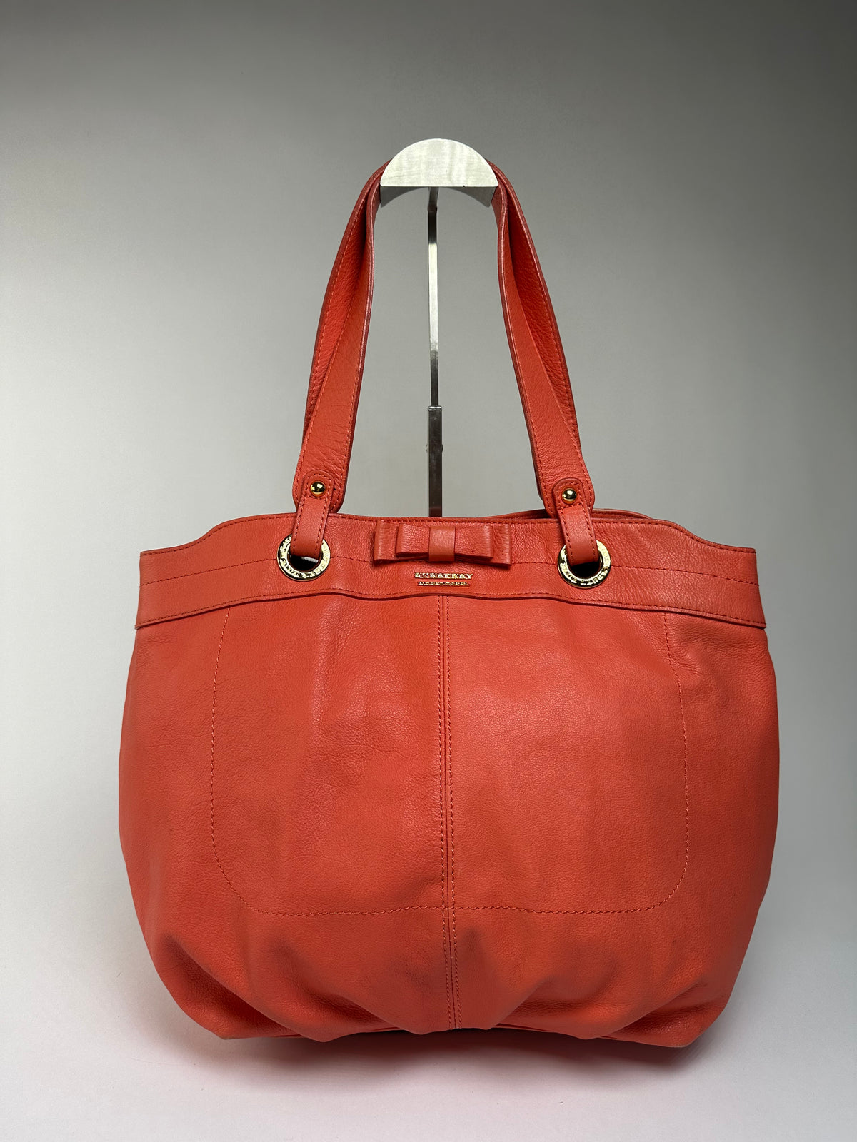 Vintage Burberry Nova Check Lined Leather Tote c. 2008–2012 Coral Orange
