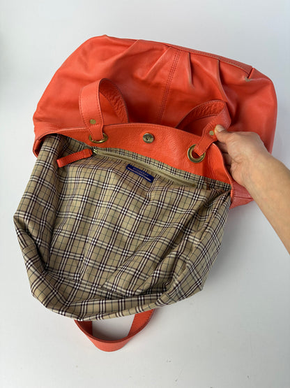 Vintage Burberry Nova Check Lined Leather Tote c. 2008–2012 Coral Orange