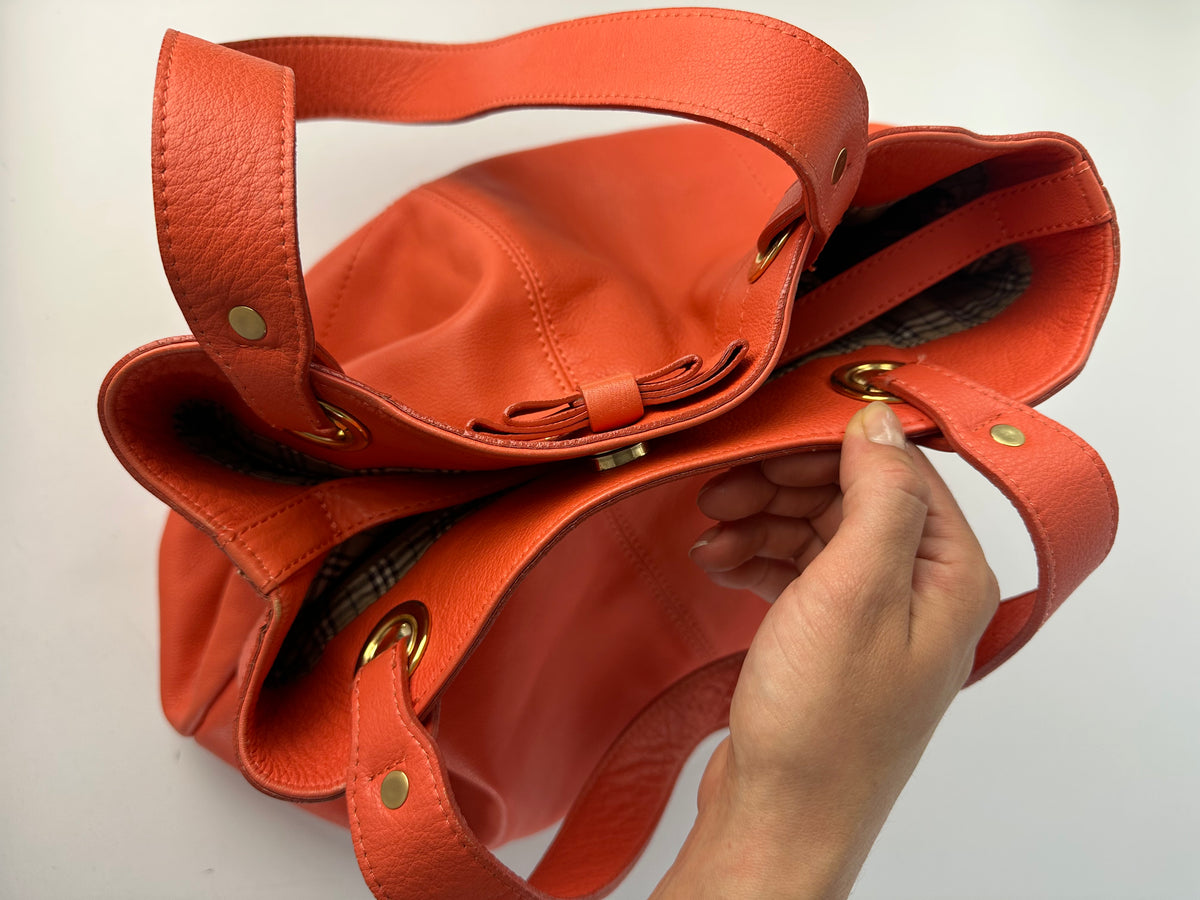 Vintage Burberry Nova Check Lined Leather Tote c. 2008–2012 Coral Orange