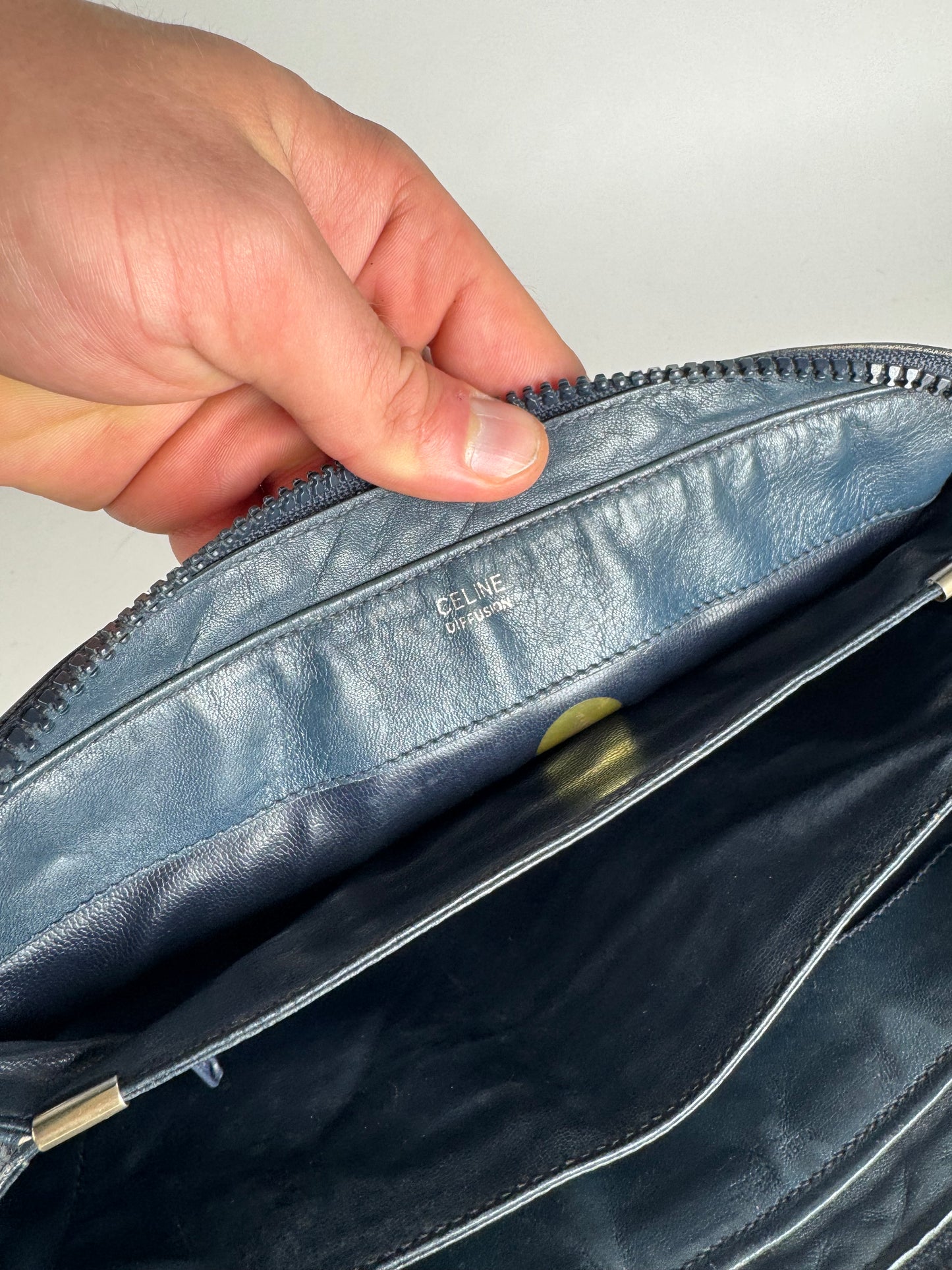 Vintage Celine Triomphe Monogram Leather Shoulder Bag navy Grey
