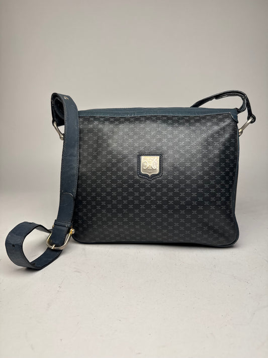 Vintage Celine Triomphe Monogram Leather Shoulder Bag navy Grey