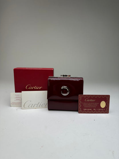 Vintage Cartier Patent Leather Wallet Burgundy Silver