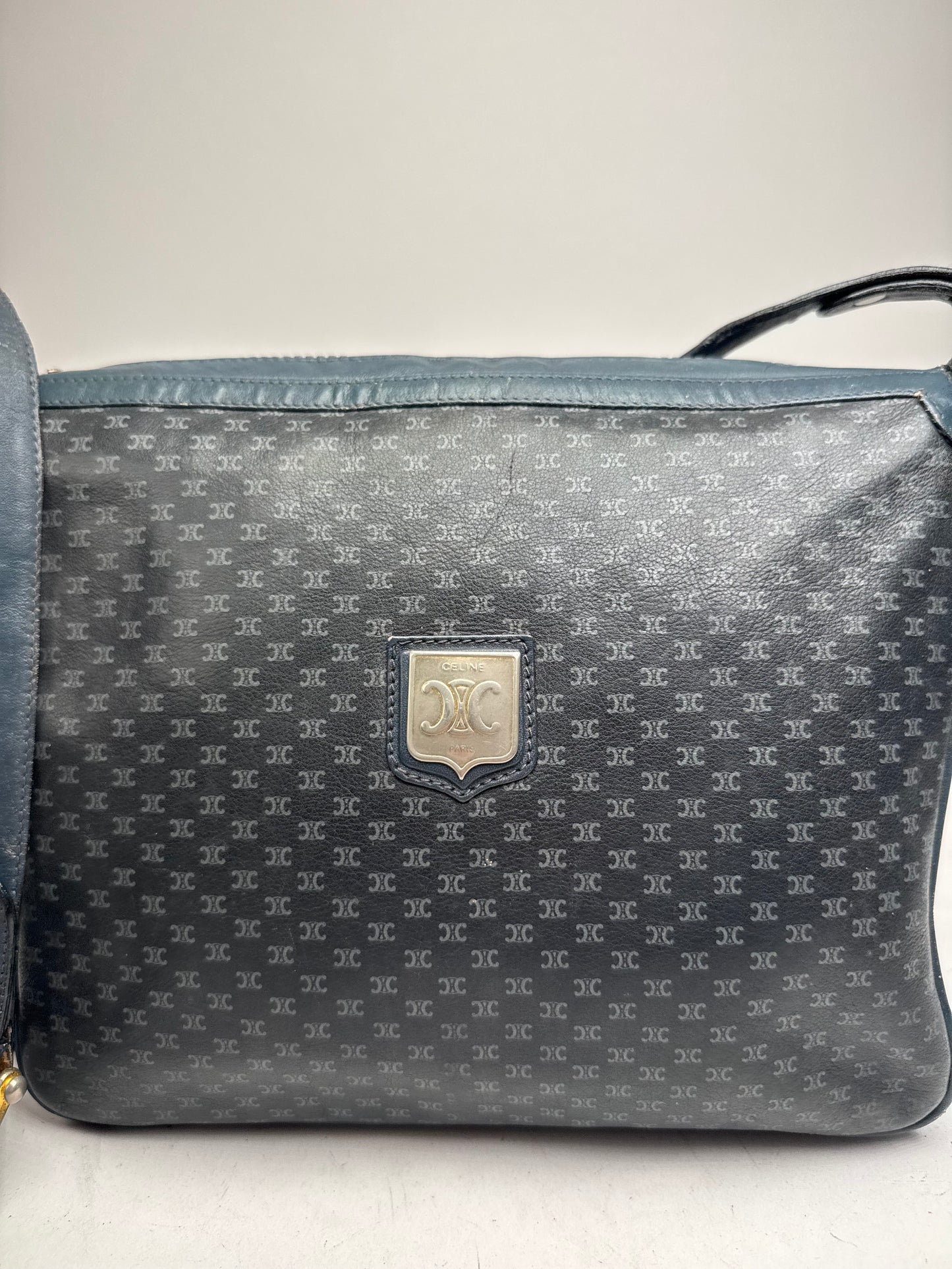 Vintage Celine Triomphe Monogram Leather Shoulder Bag navy Grey