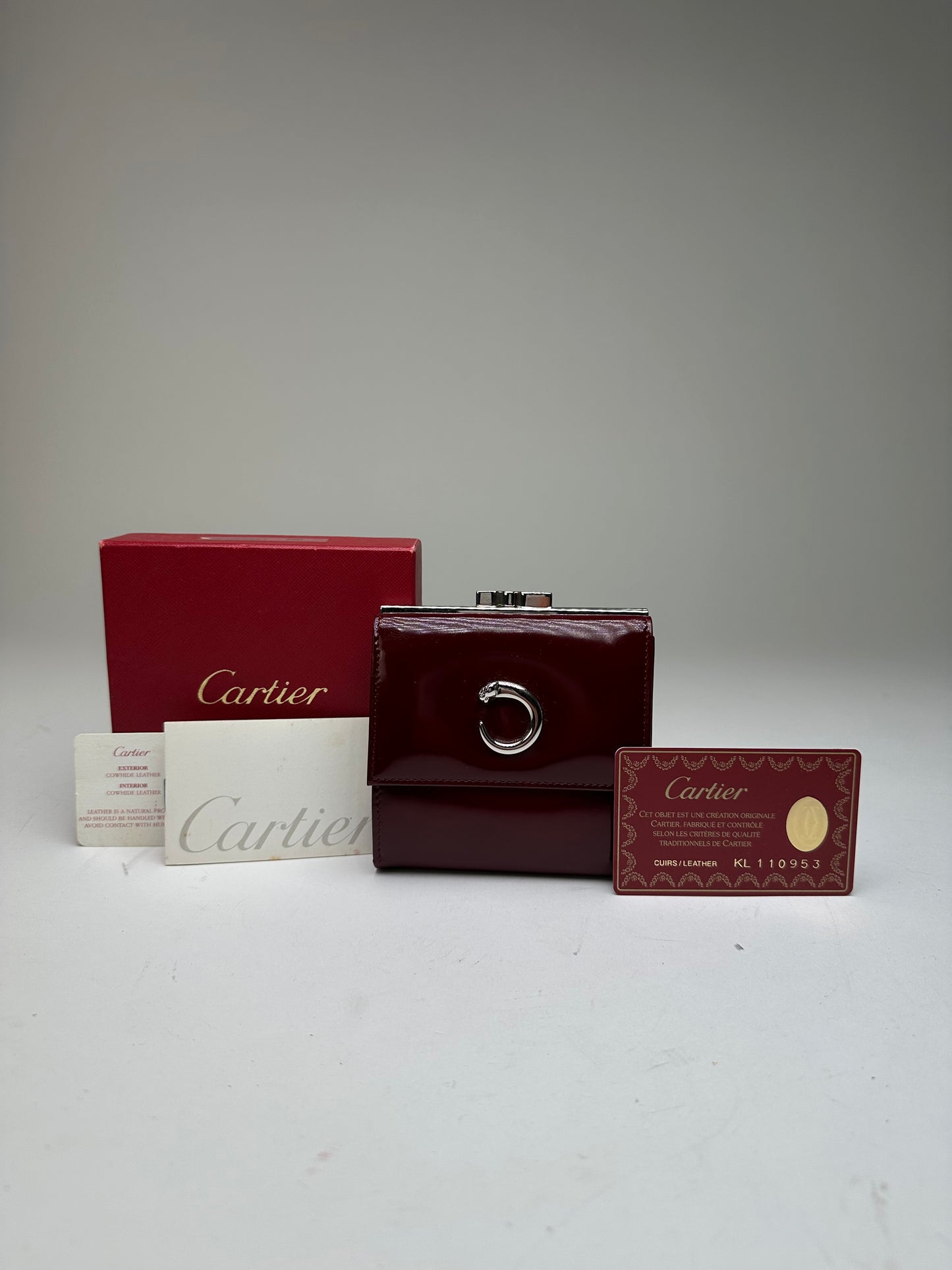 Vintage Cartier Patent Leather Wallet Burgundy Silver