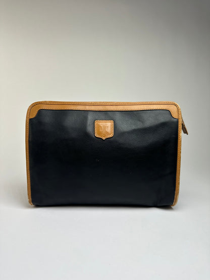 Vintage Celine Leather Zip Pouch Black Beige c. Late 1980s