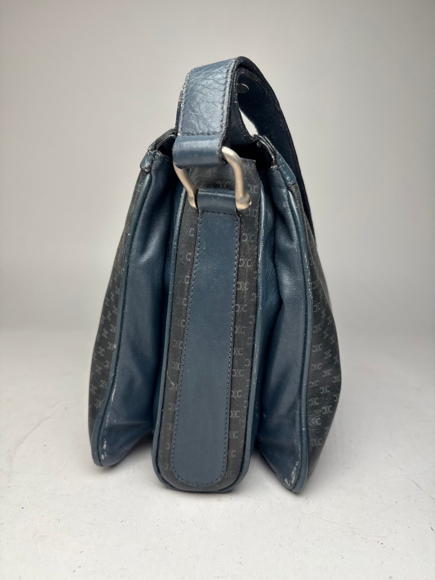 Vintage Celine Triomphe Monogram Leather Shoulder Bag navy Grey