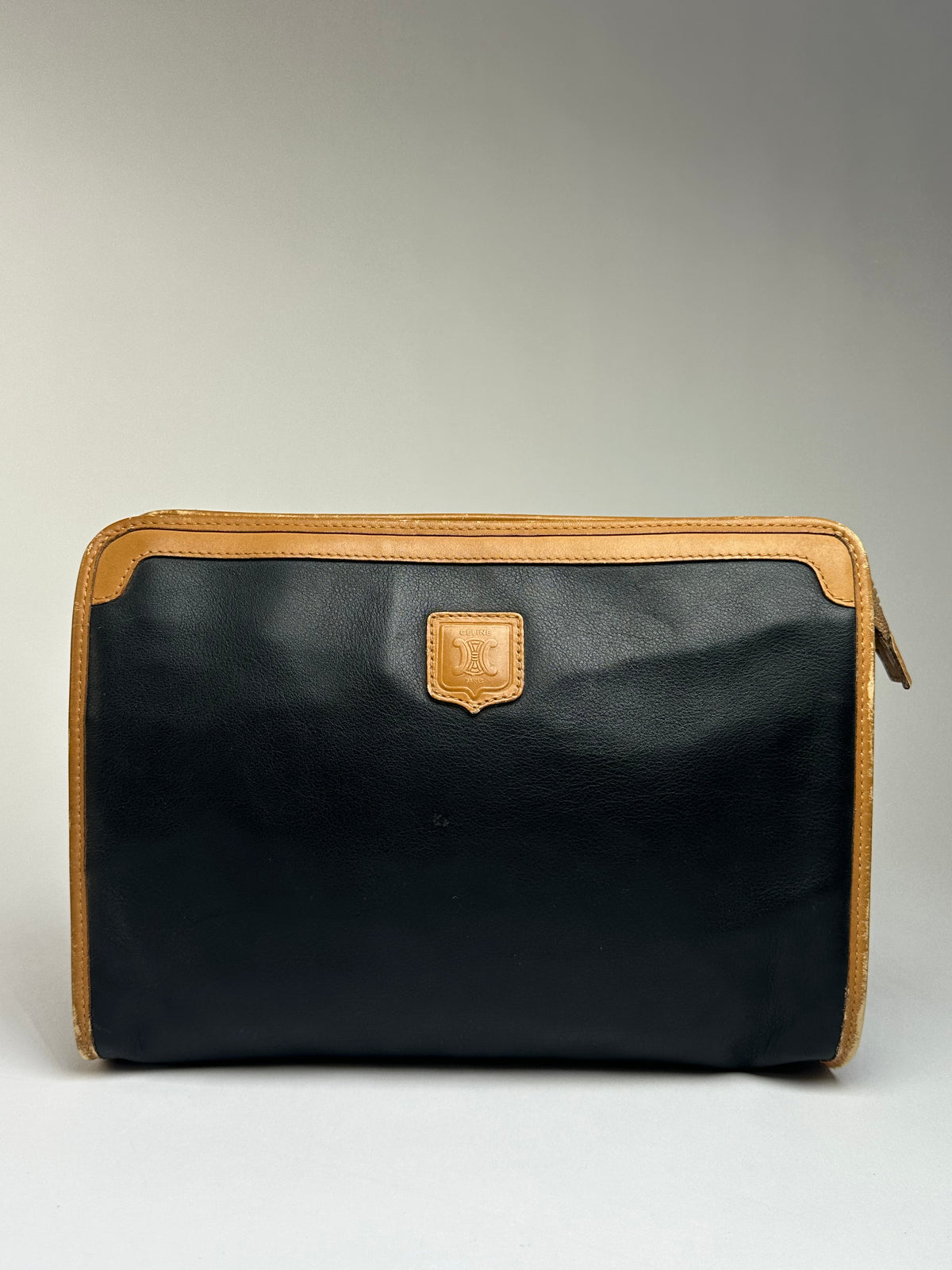 Vintage Celine Leather Zip Pouch Black Beige c. Late 1980s