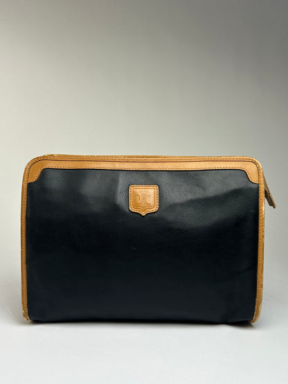 Vintage Celine Leather Zip Pouch Black Beige c. Late 1980s