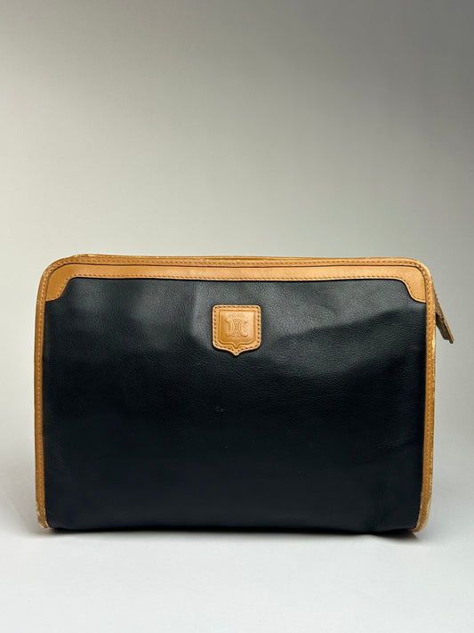 Vintage Celine Leather Zip Pouch Black Beige c. Late 1980s