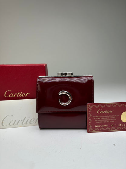 Vintage Cartier Patent Leather Wallet Burgundy Silver