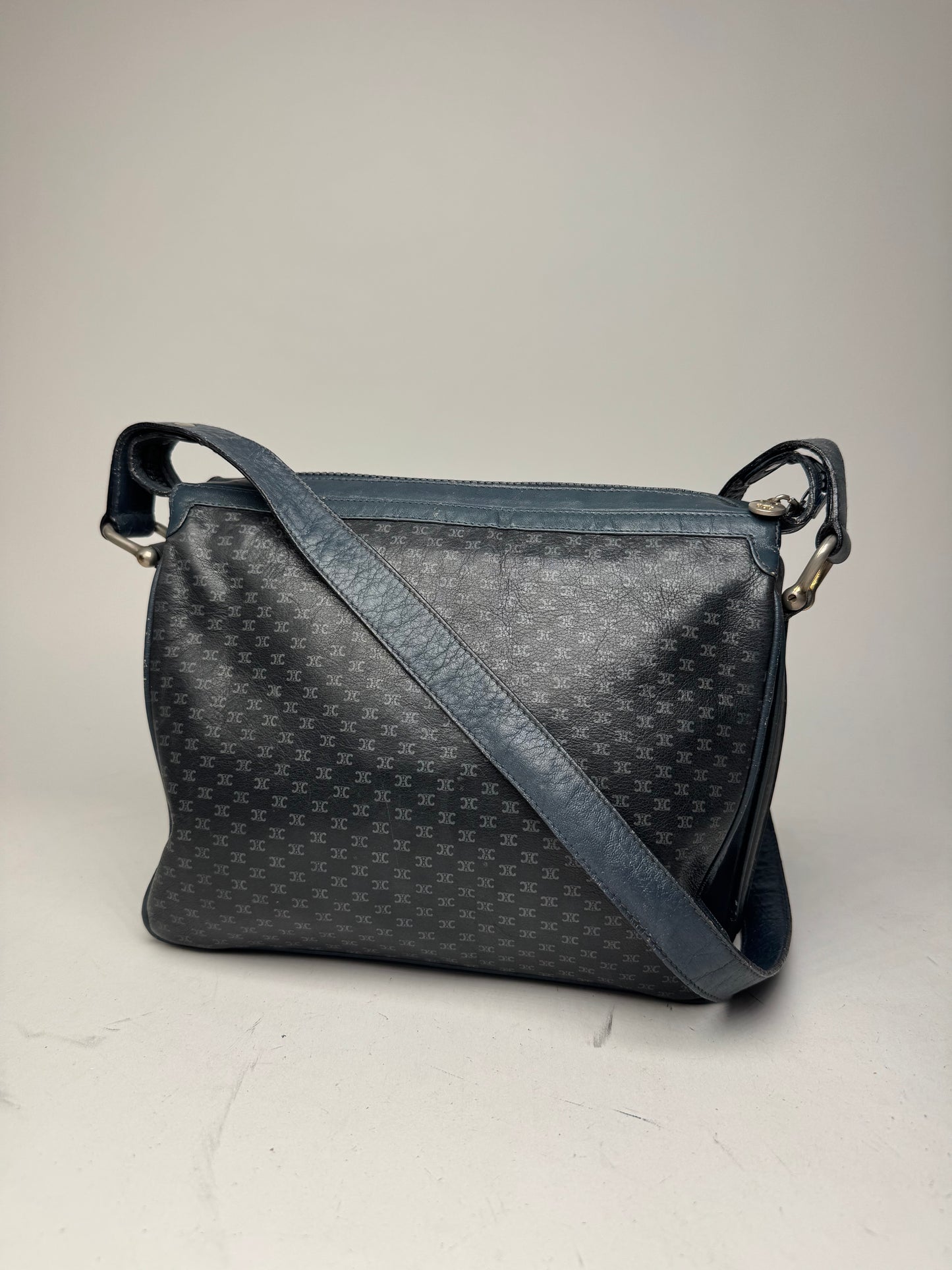 Vintage Celine Triomphe Monogram Leather Shoulder Bag navy Grey