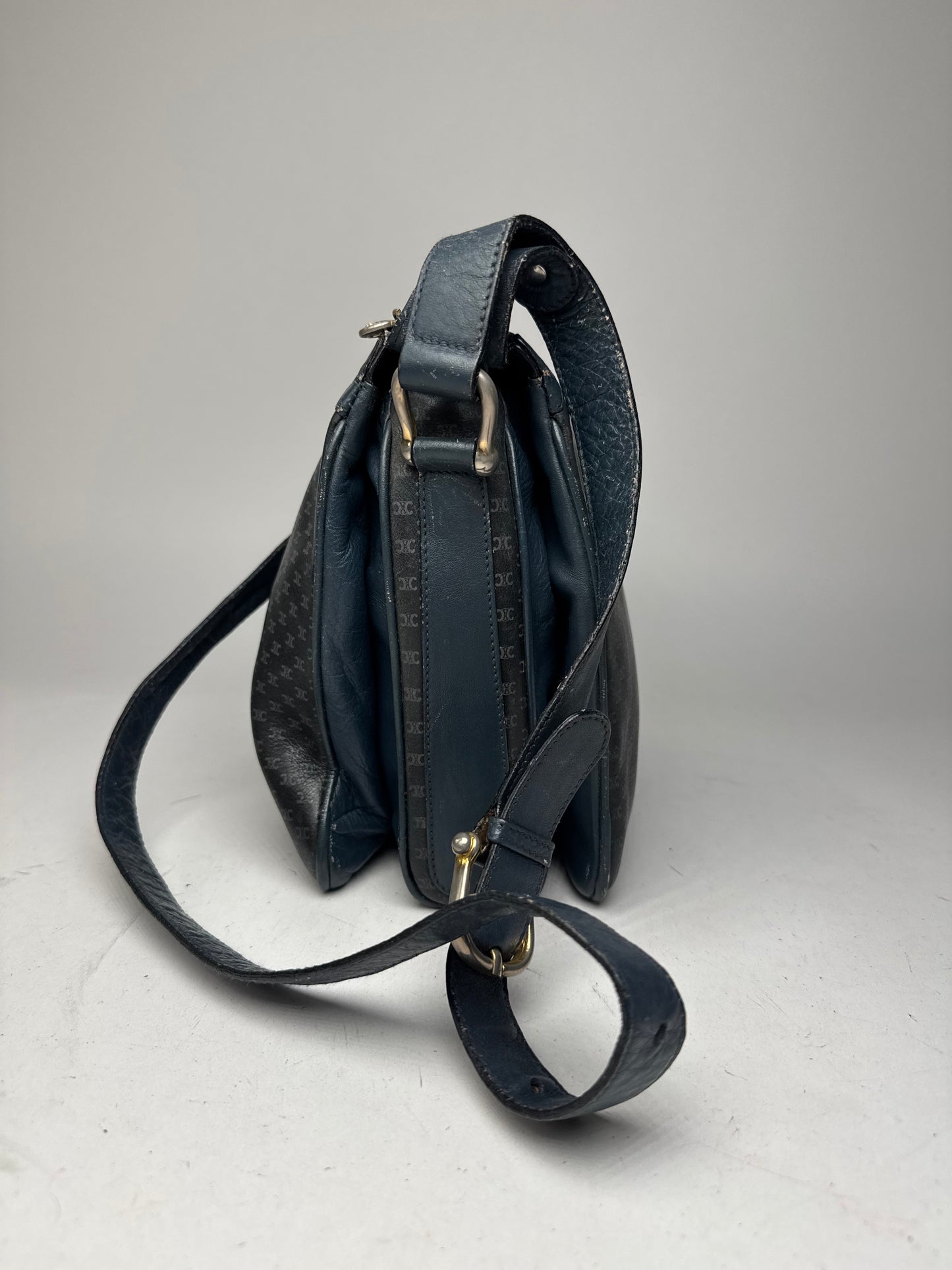 Vintage Celine Triomphe Monogram Leather Shoulder Bag navy Grey