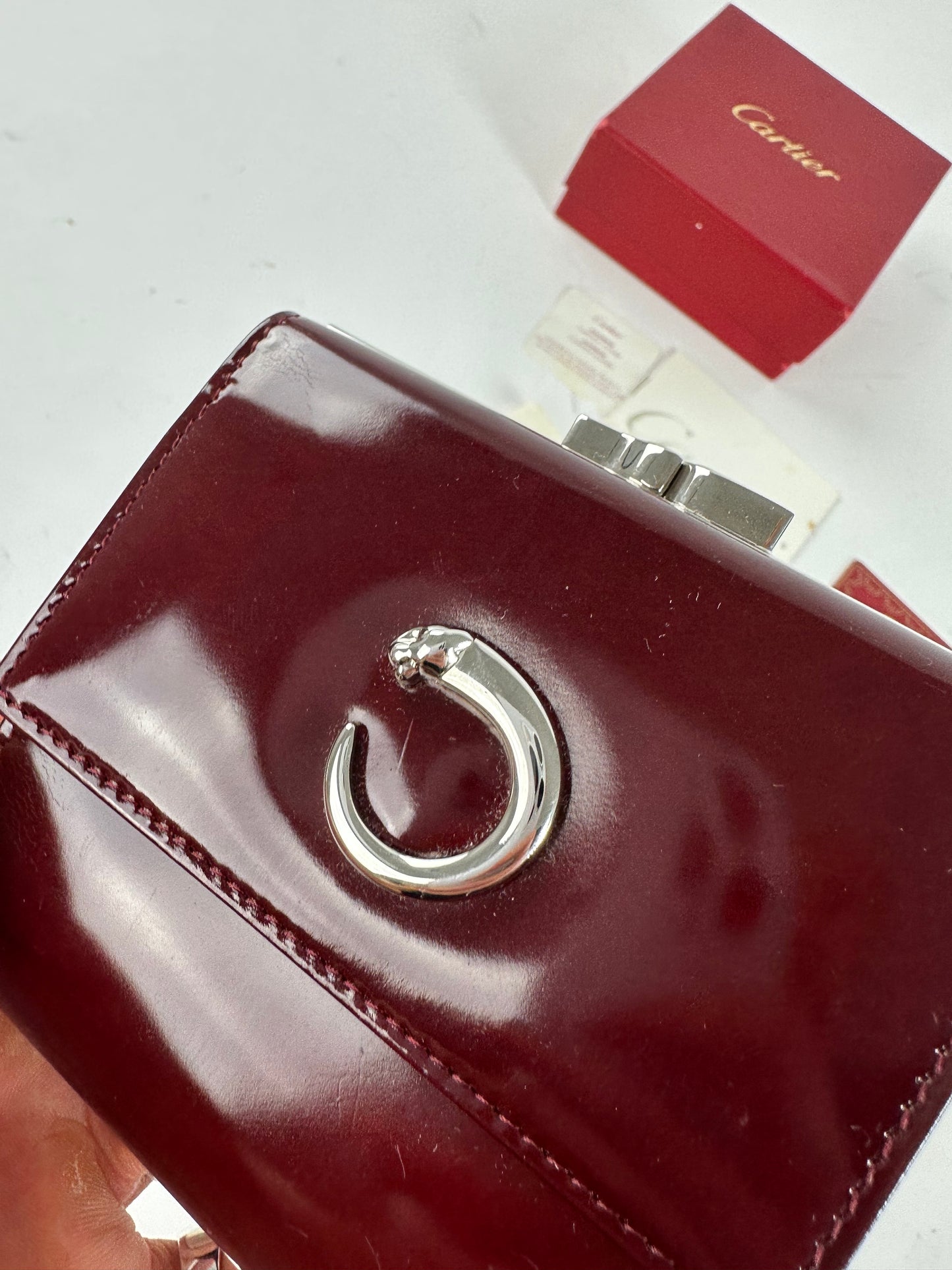 Vintage Cartier Patent Leather Wallet Burgundy Silver