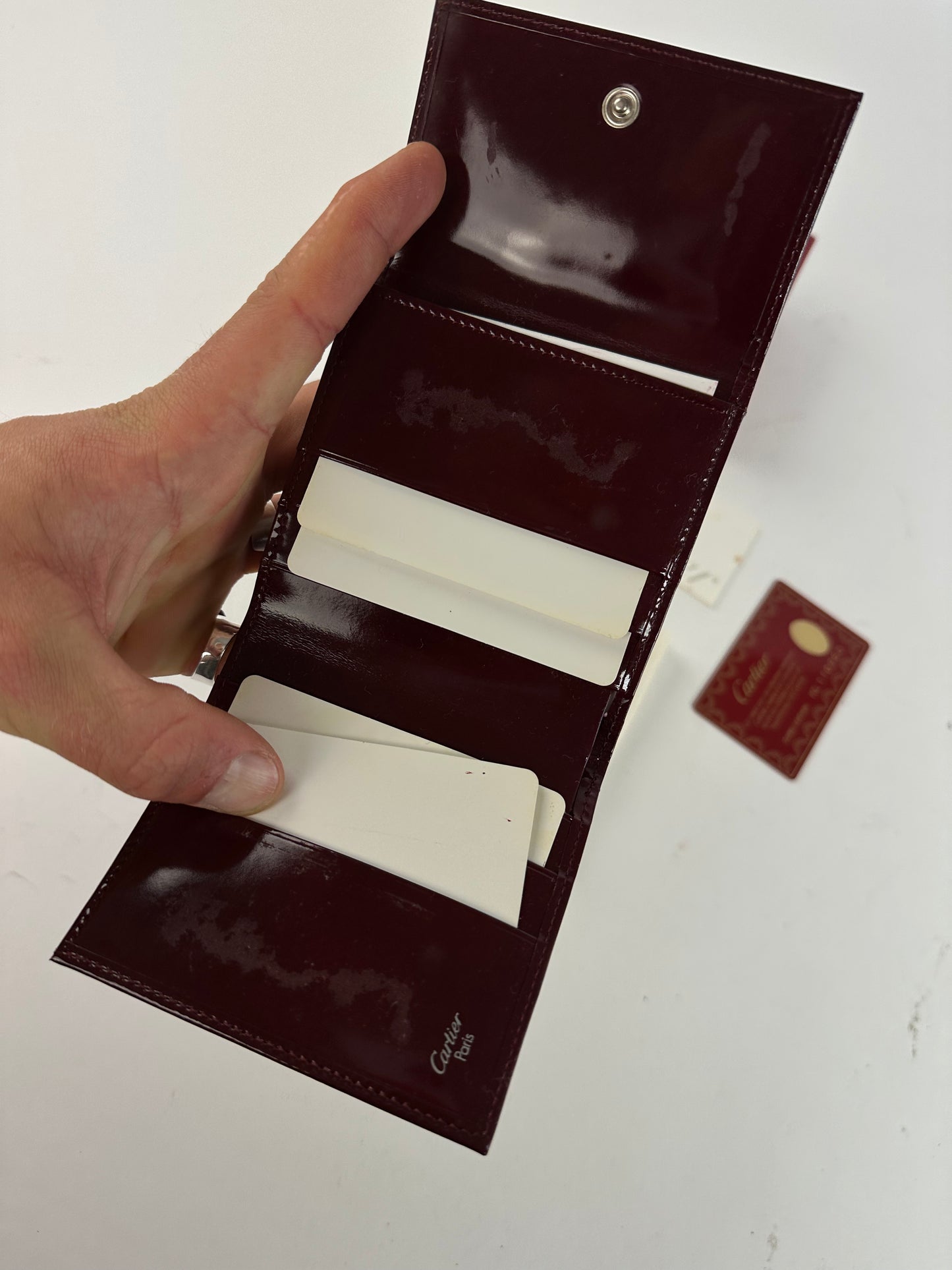 Vintage Cartier Patent Leather Wallet Burgundy Silver