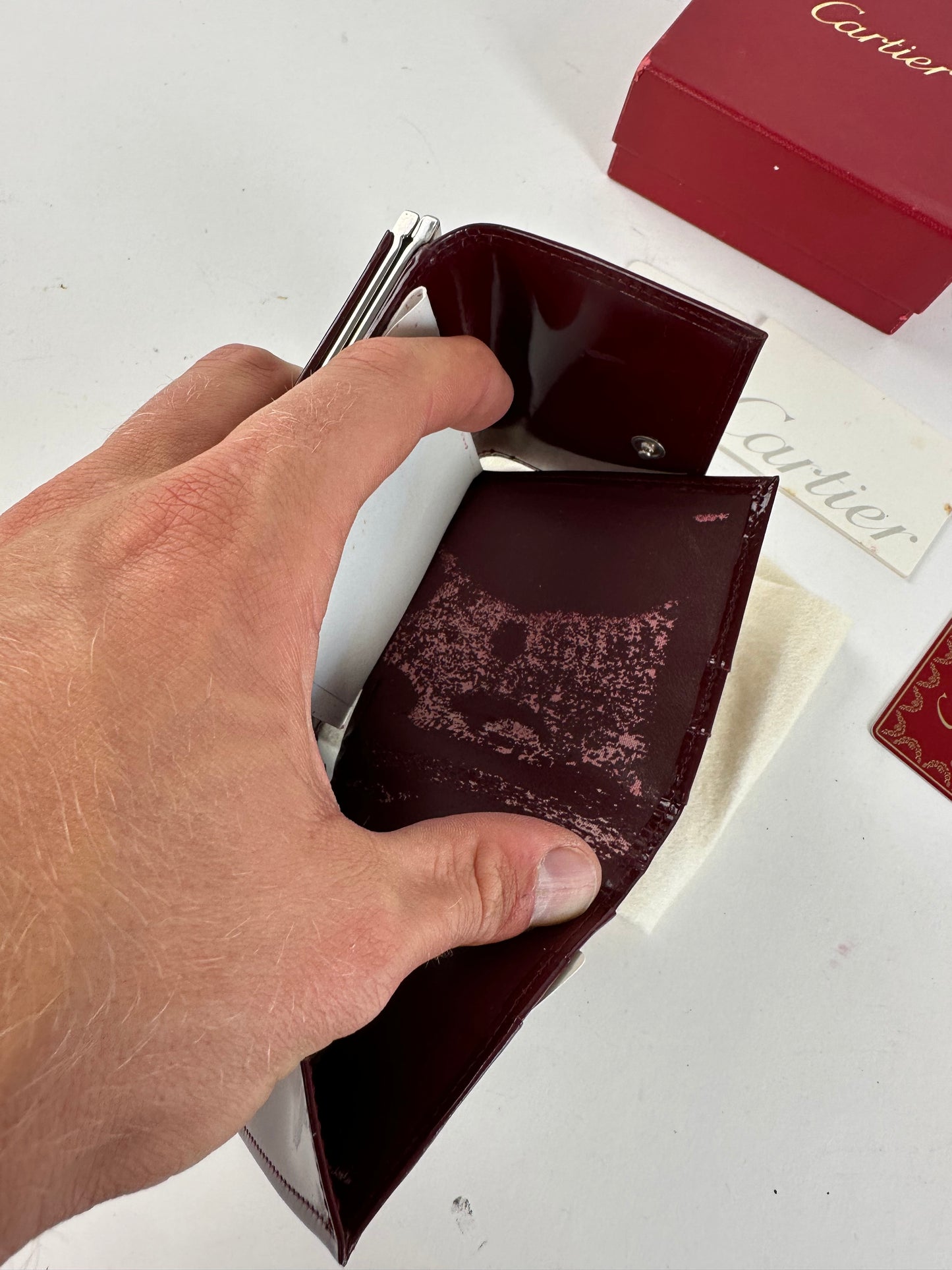 Vintage Cartier Patent Leather Wallet Burgundy Silver