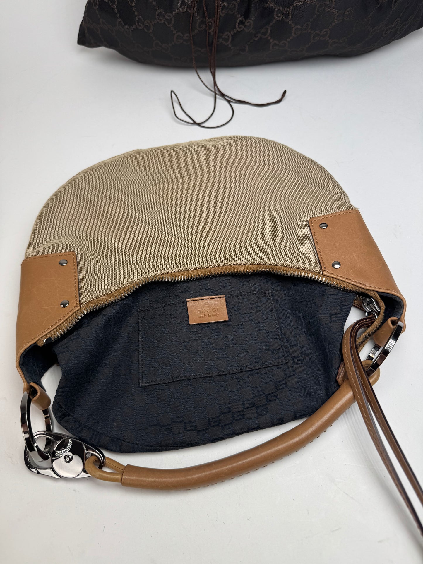 Vintage Gucci Moon Leather Canvas Handbag Beige Brown