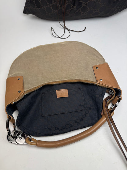 Vintage Gucci Moon Leather Canvas Handbag Beige Brown