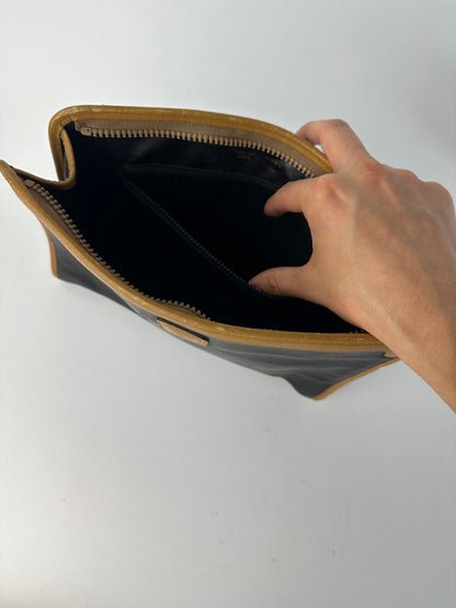 Vintage Celine Leather Zip Pouch Black Beige c. Late 1980s