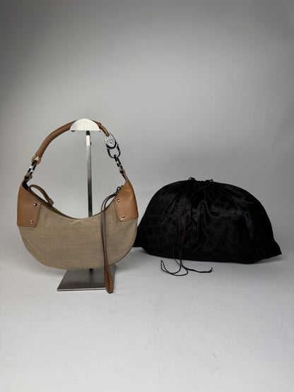 Vintage Gucci Moon Leather Canvas Handbag Beige Brown