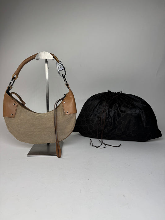 Vintage Gucci Moon Leather Canvas Handbag Beige Brown