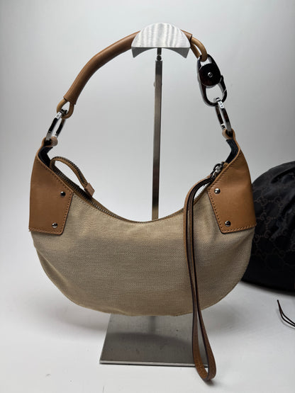 Vintage Gucci Moon Leather Canvas Handbag Beige Brown