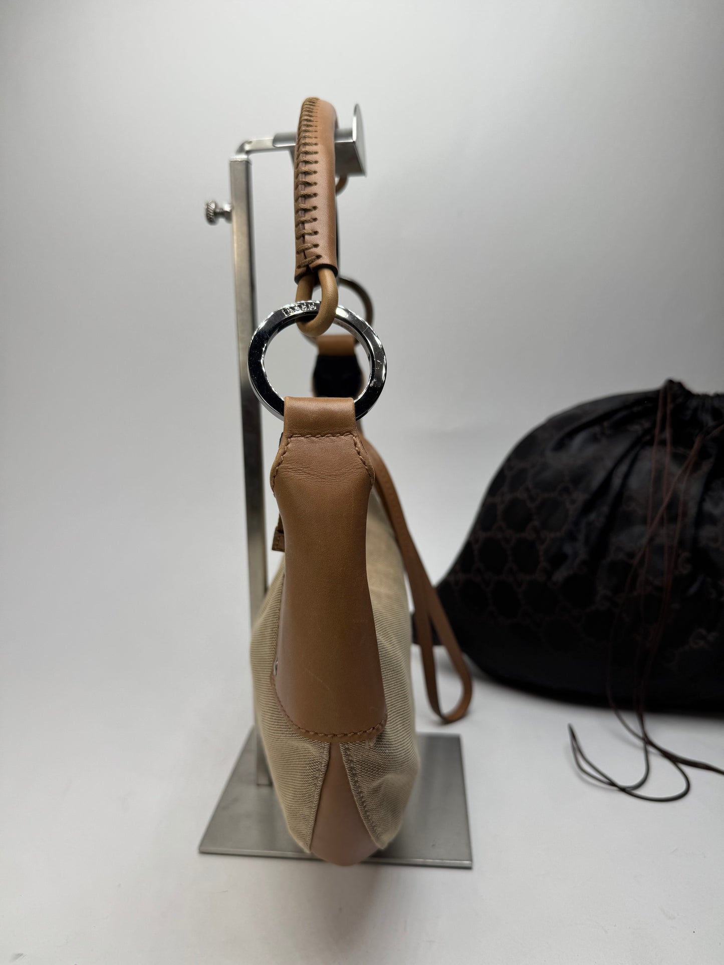 Vintage Gucci Moon Leather Canvas Handbag Beige Brown