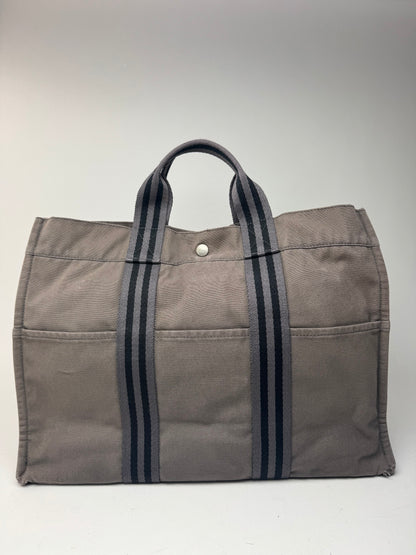 Sac cabas vintage Hermès en toile gris noir