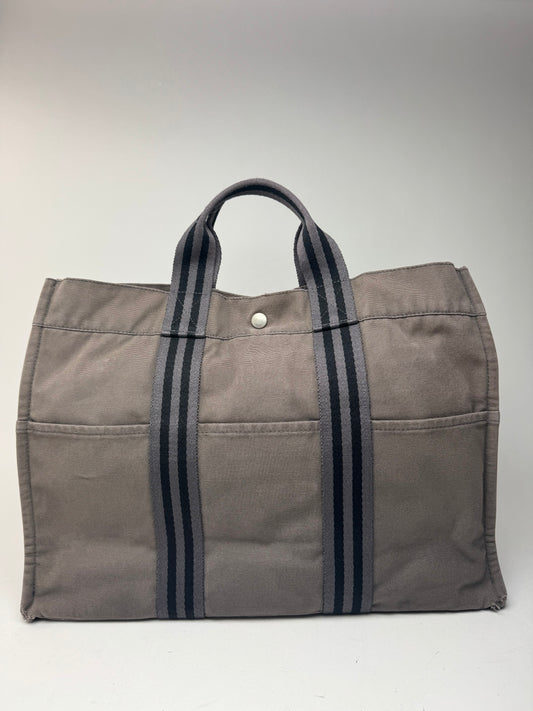 Sac cabas vintage Hermès en toile gris noir