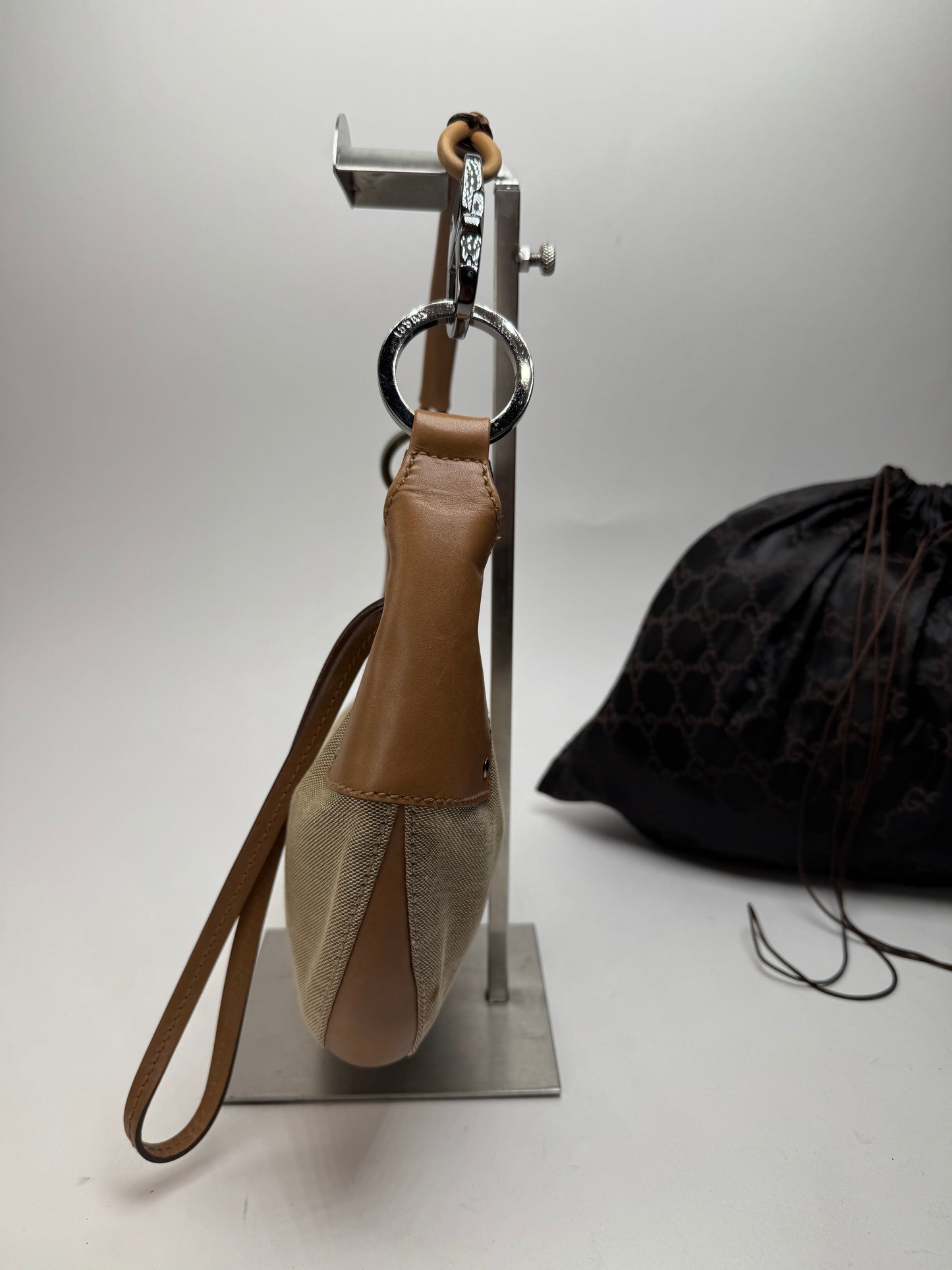 Vintage Gucci Moon Leather Canvas Handbag Beige Brown