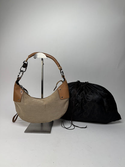 Vintage Gucci Moon Leather Canvas Handbag Beige Brown