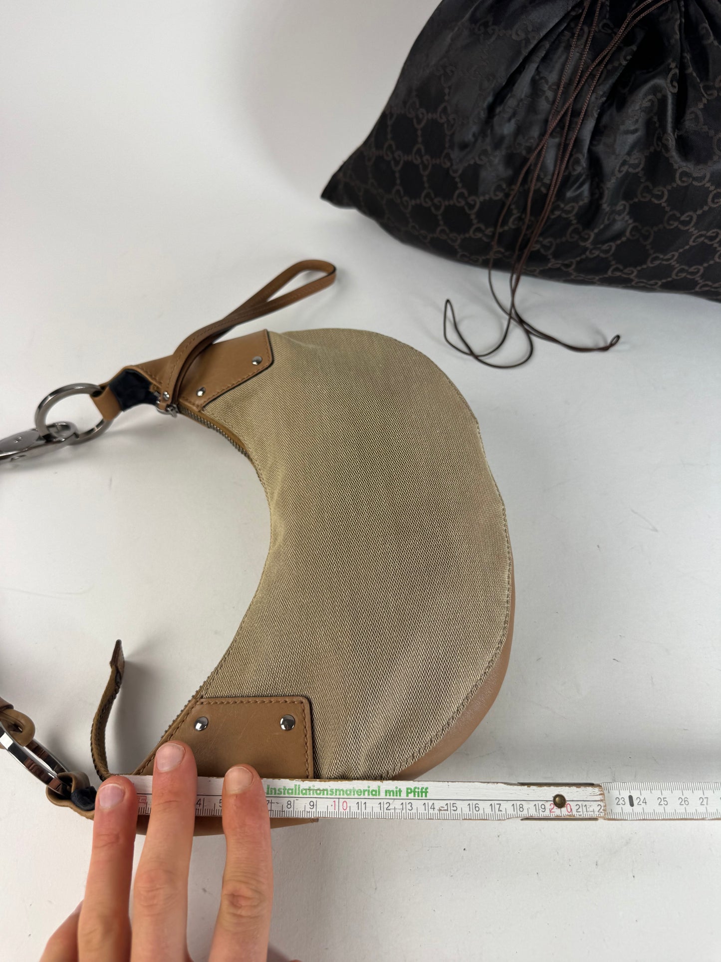 Vintage Gucci Moon Leather Canvas Handbag Beige Brown