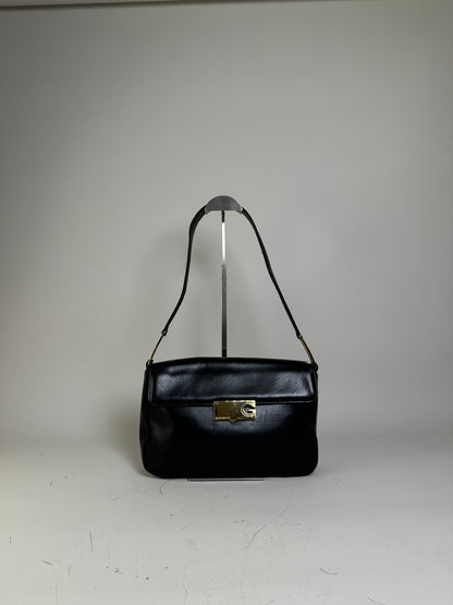 Vintage Givenchy Smooth Leather Shoulder Bag Black Gold