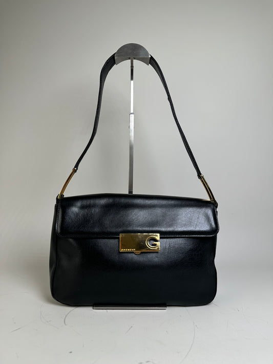 Vintage Givenchy Smooth Leather Shoulder Bag Black Gold