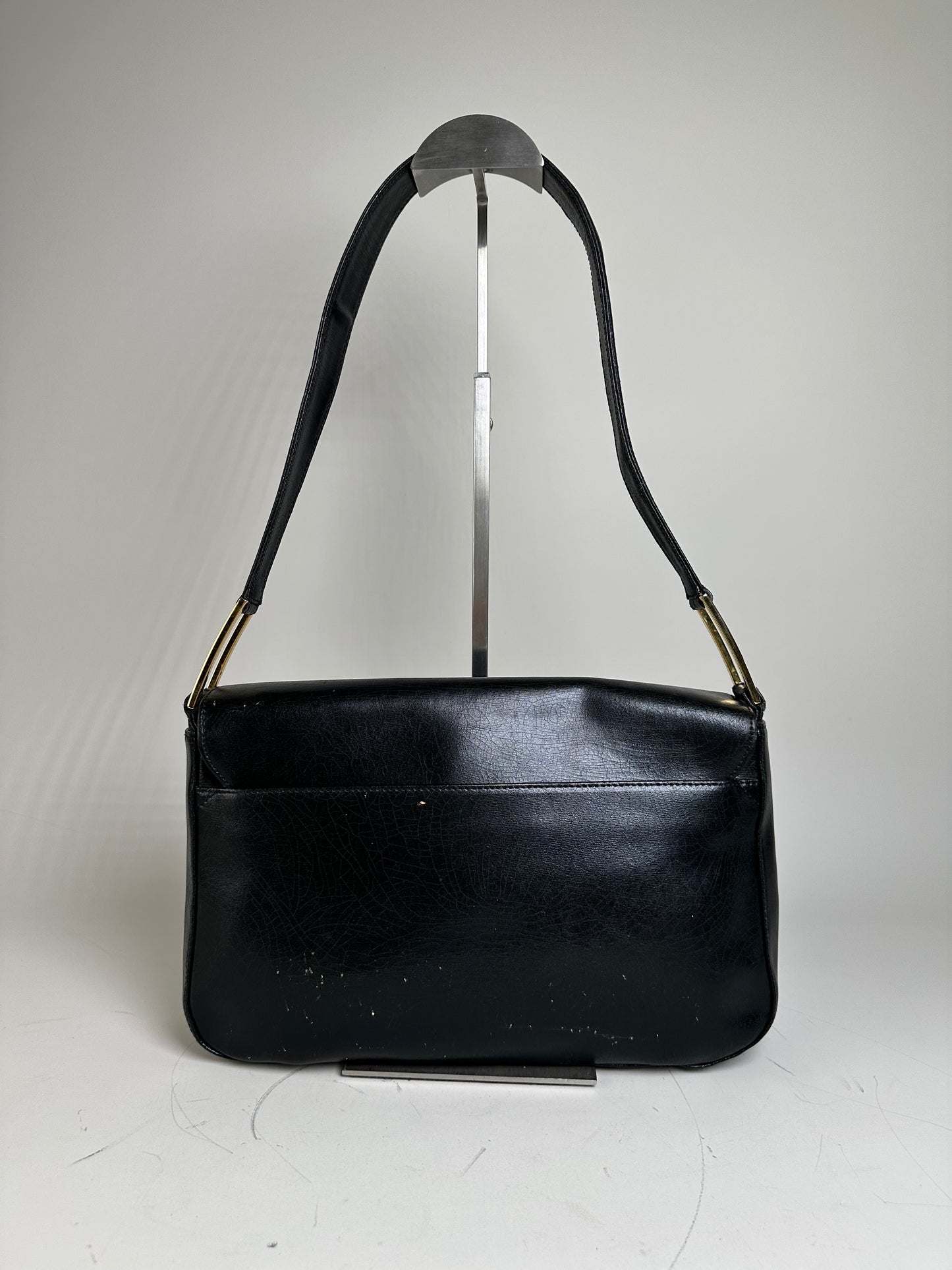 Vintage Givenchy Smooth Leather Shoulder Bag Black Gold