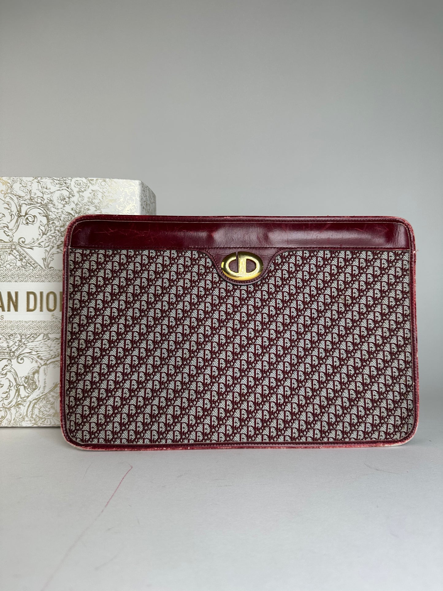 Vintage Dior Oblique Monogram Clutch Grey Red