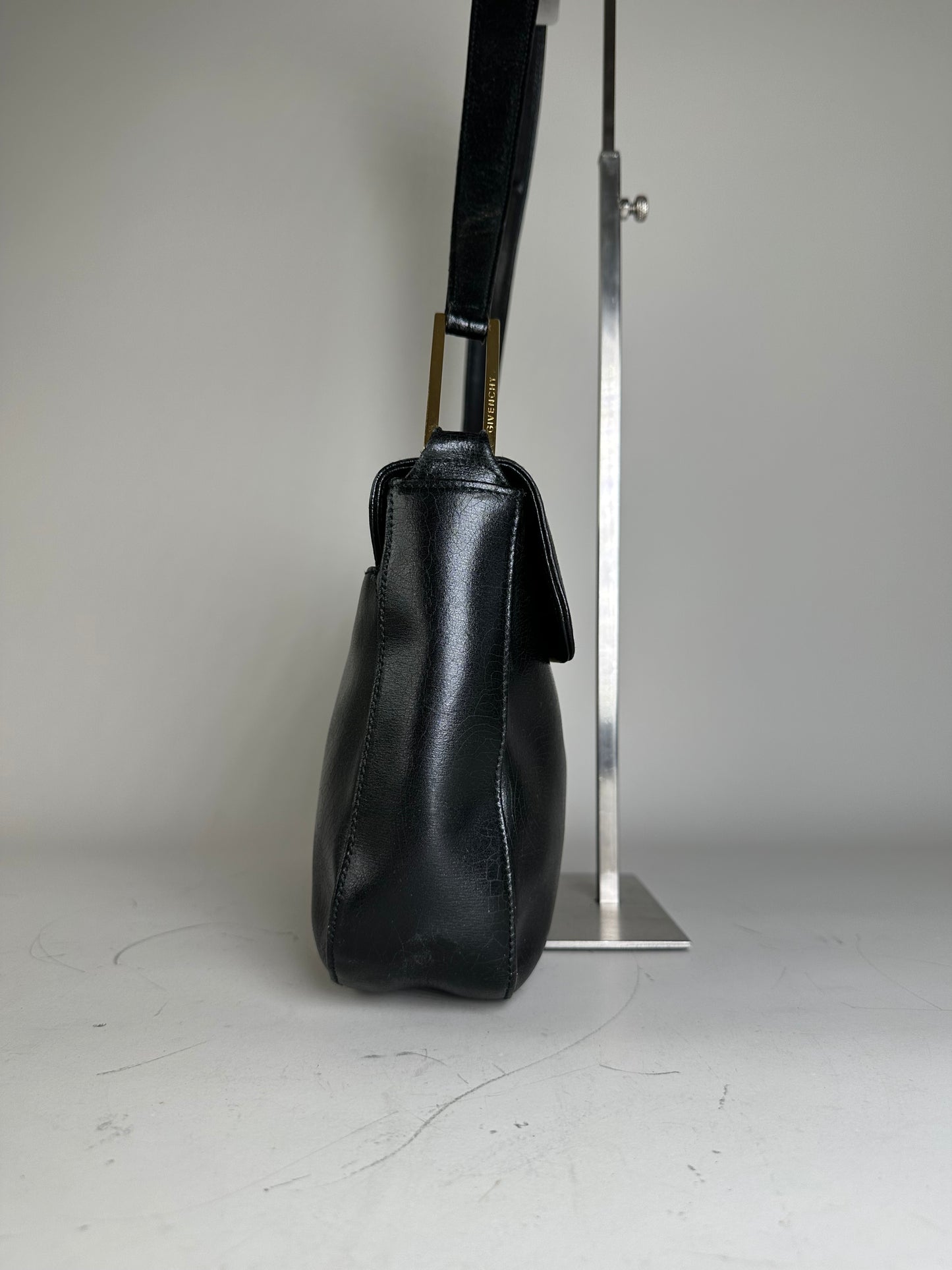 Vintage Givenchy Smooth Leather Shoulder Bag Black Gold