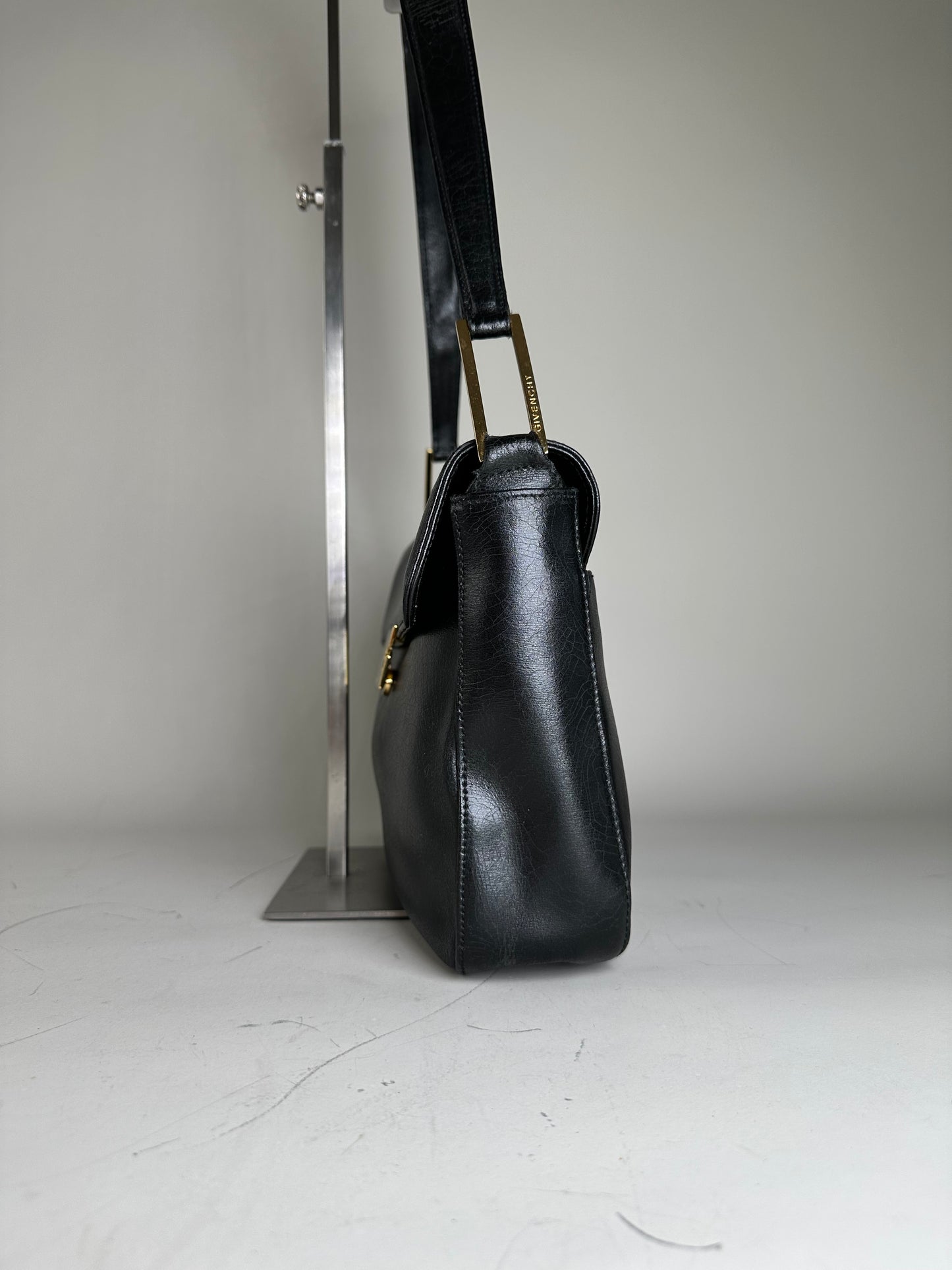 Vintage Givenchy Smooth Leather Shoulder Bag Black Gold