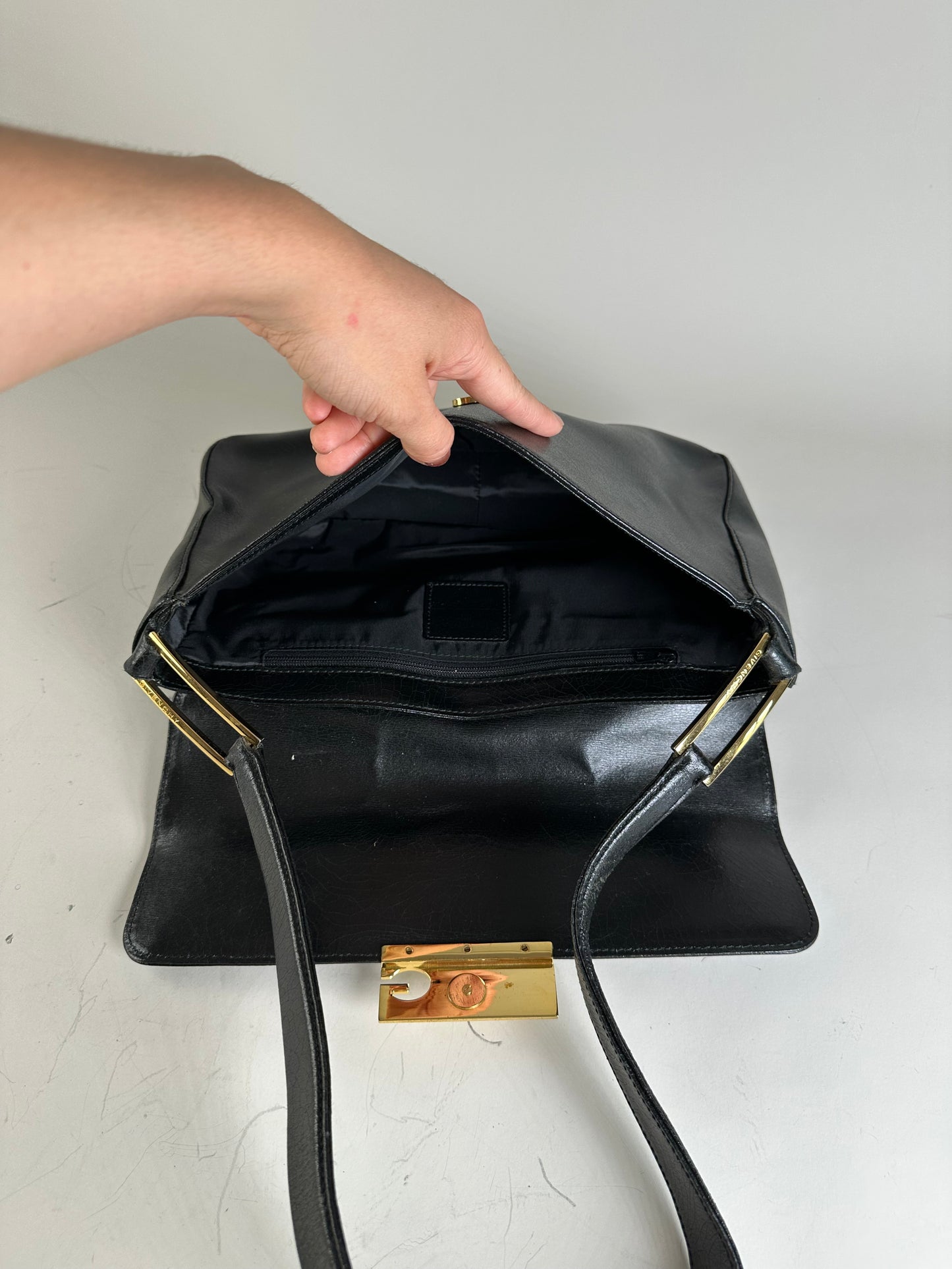 Vintage Givenchy Smooth Leather Shoulder Bag Black Gold