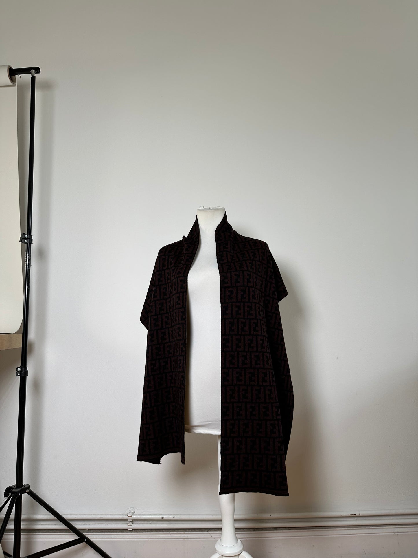 Vintage Fendi FF Monogram Wool Shawl Burgundy Black