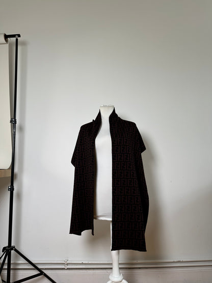 Vintage Fendi FF Monogram Wool Shawl Burgundy Black