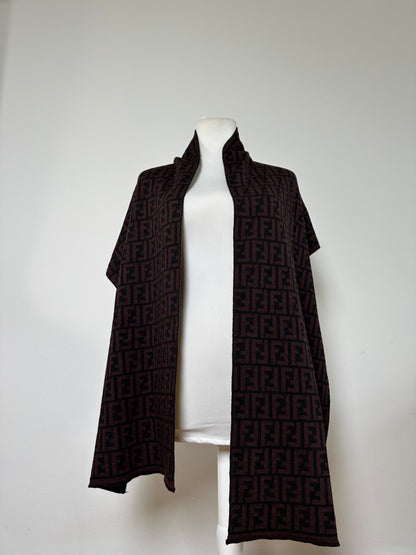 Vintage Fendi FF Monogram Wool Shawl Burgundy Black