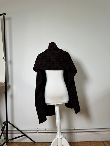 Vintage Fendi FF Monogram Wool Shawl Burgundy Black