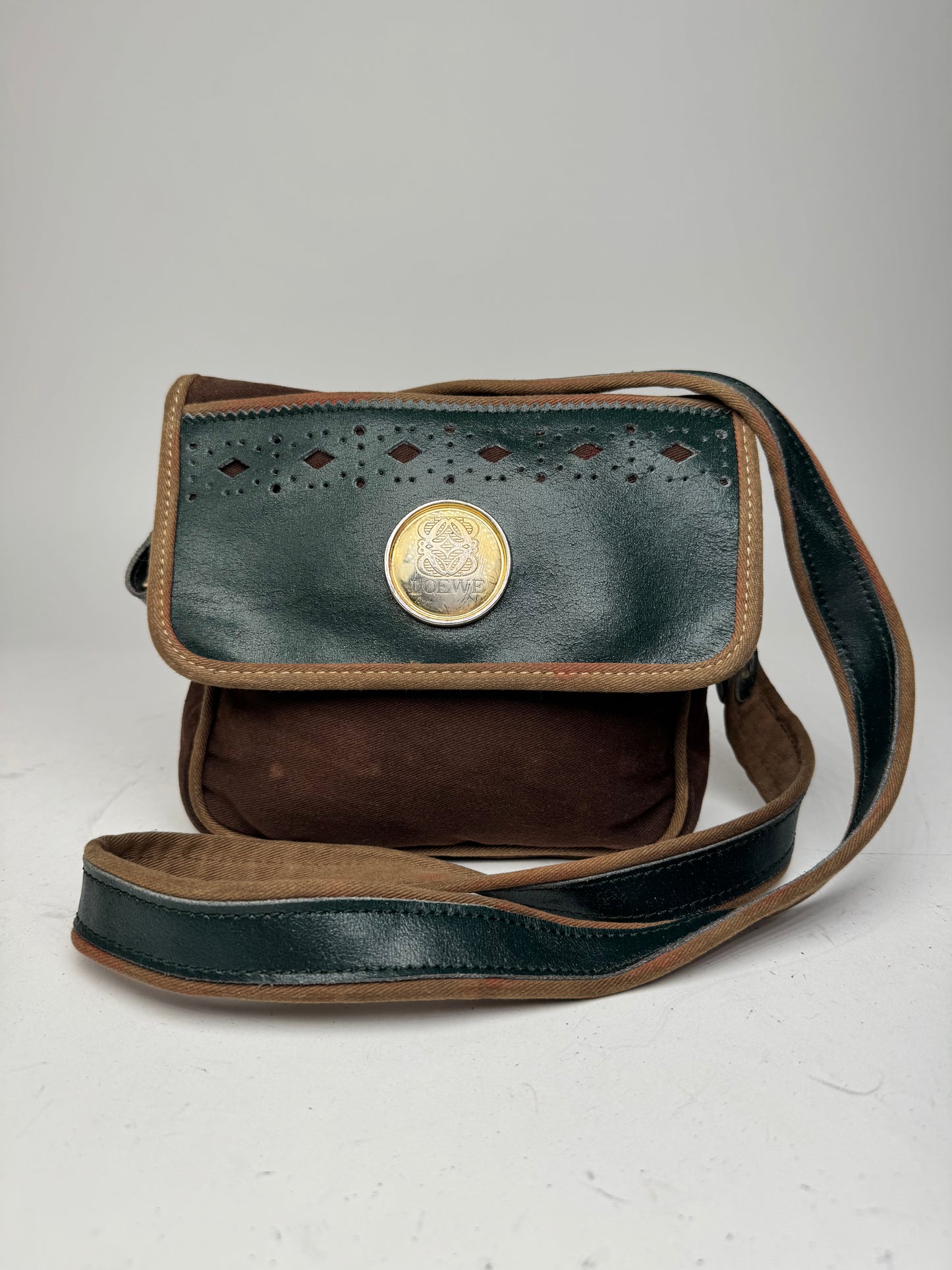 Vintage Loewe Madrid Canvas Leather bag green Brown