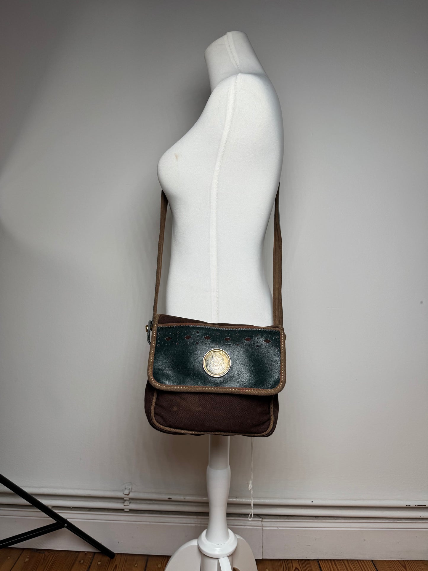 Vintage Loewe Madrid Canvas Leather bag green Brown