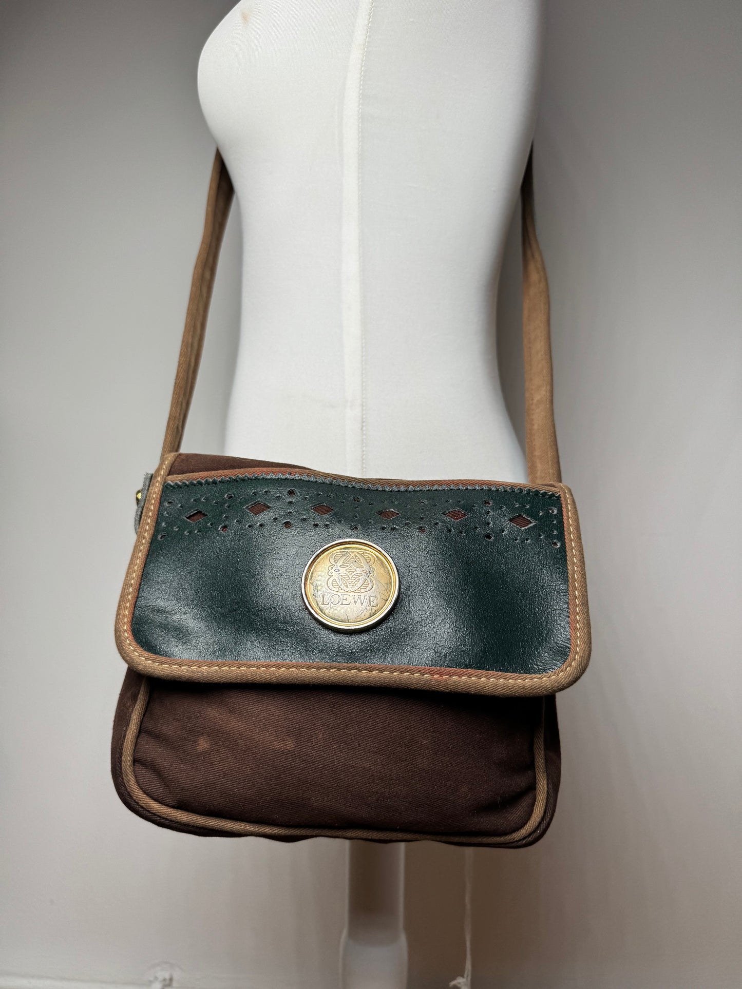 Vintage Loewe Madrid Canvas Leather bag green Brown