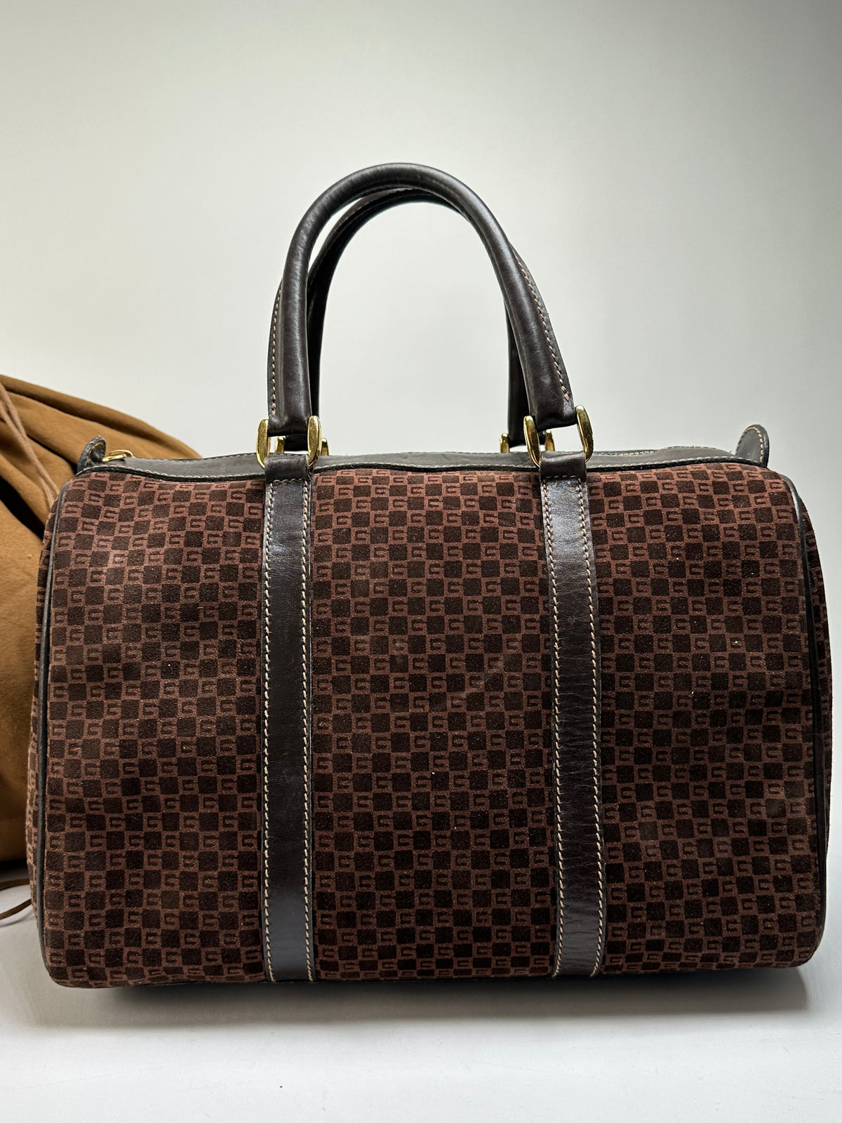 Vintage Gucci GG Monogram Suede Top-Handle Bag Late 1970s Brown