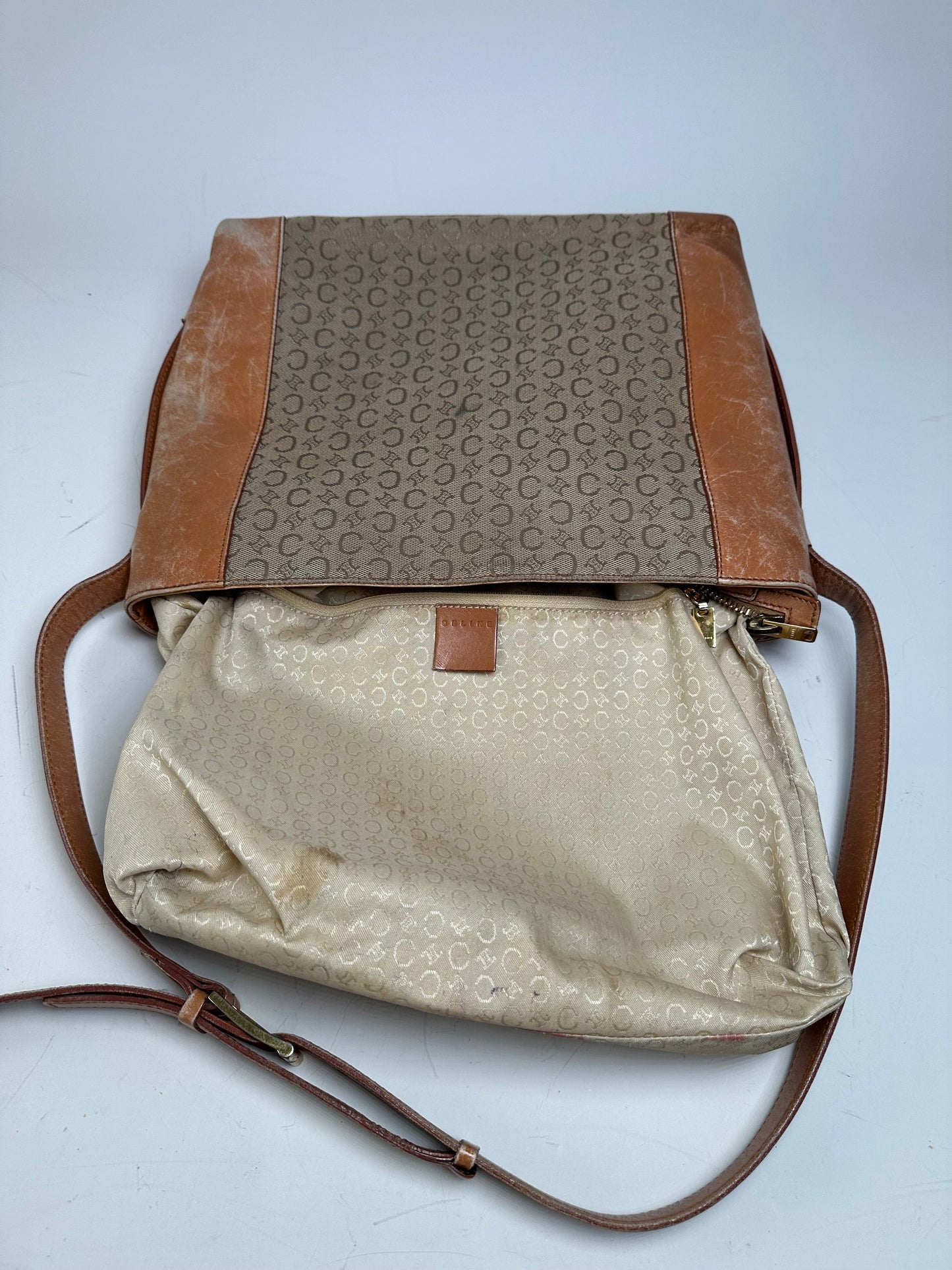 Vintage Celine Monogram Canvas Shoulder Bag Beige Brown