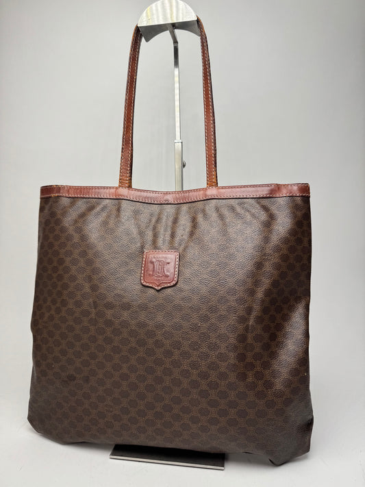 Vintage Celine Paris Leather Monogram Tote Bag Brown