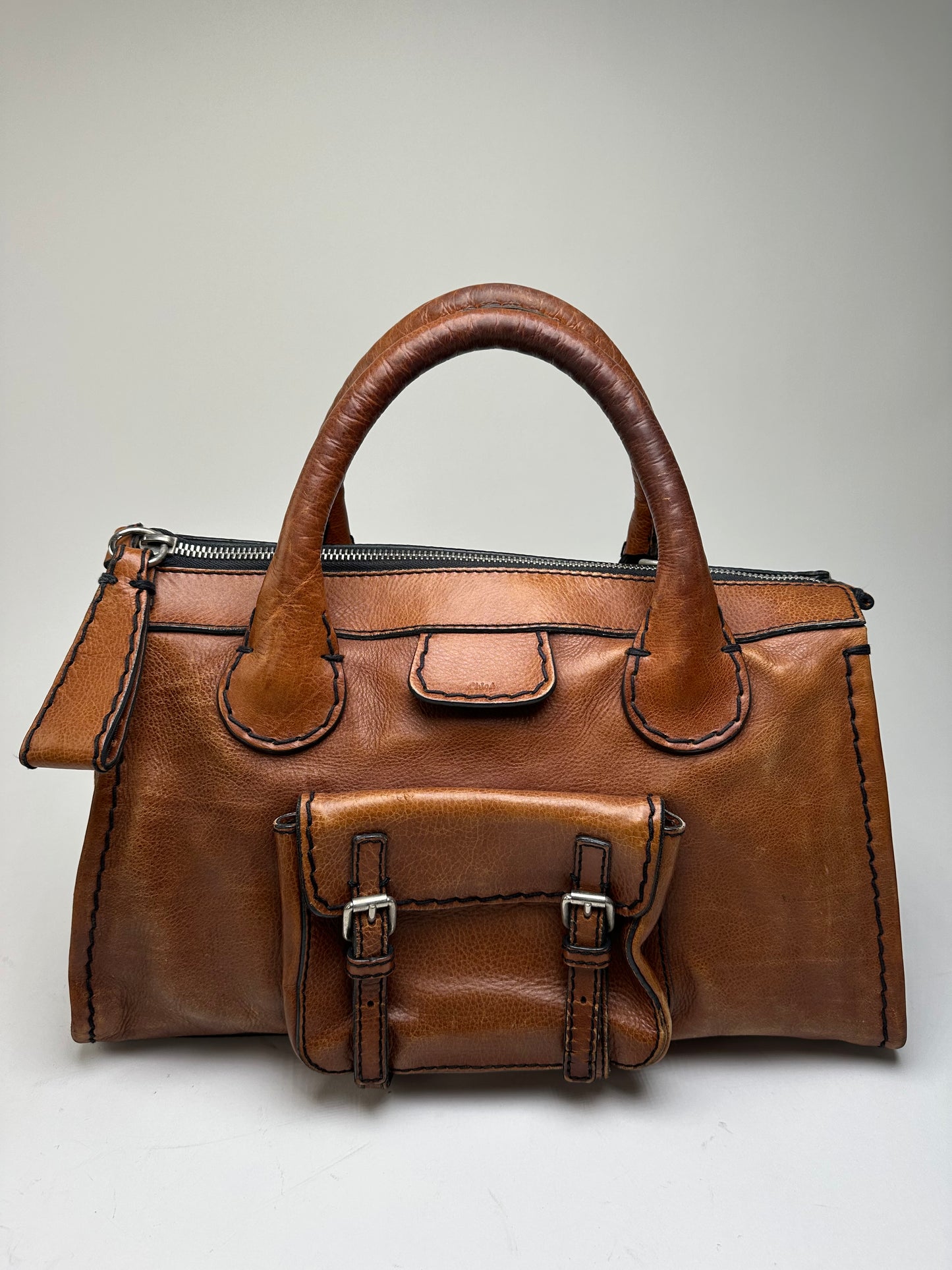 Vintage Chloe Leather Shoulder Bag Cognac Silver