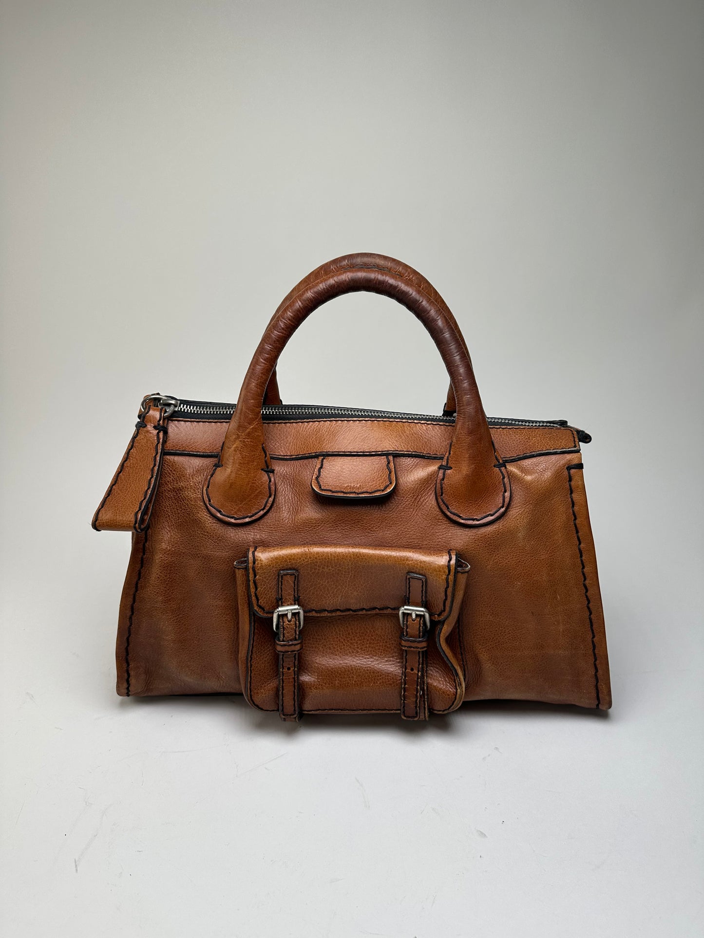 Vintage Chloe Leather Shoulder Bag Cognac Silver